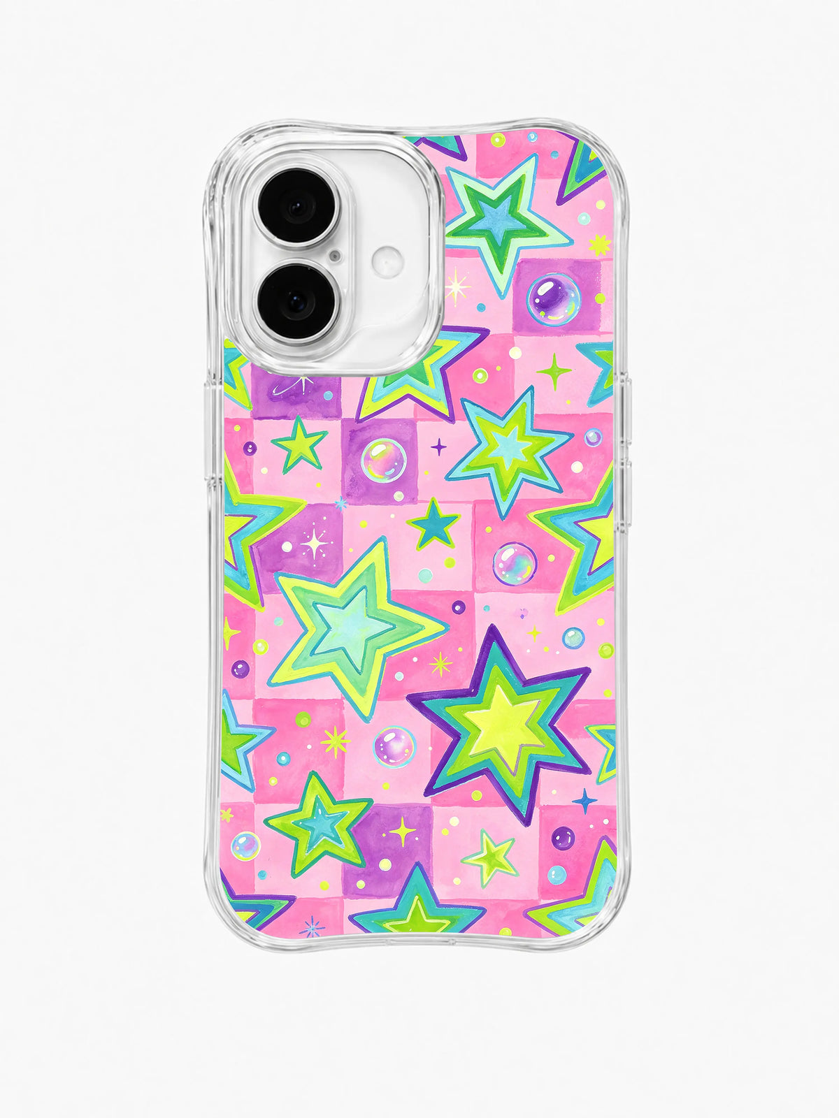 Candy Star Grid: Large mint, purple and yellow stars repeat in a loose pink grid.