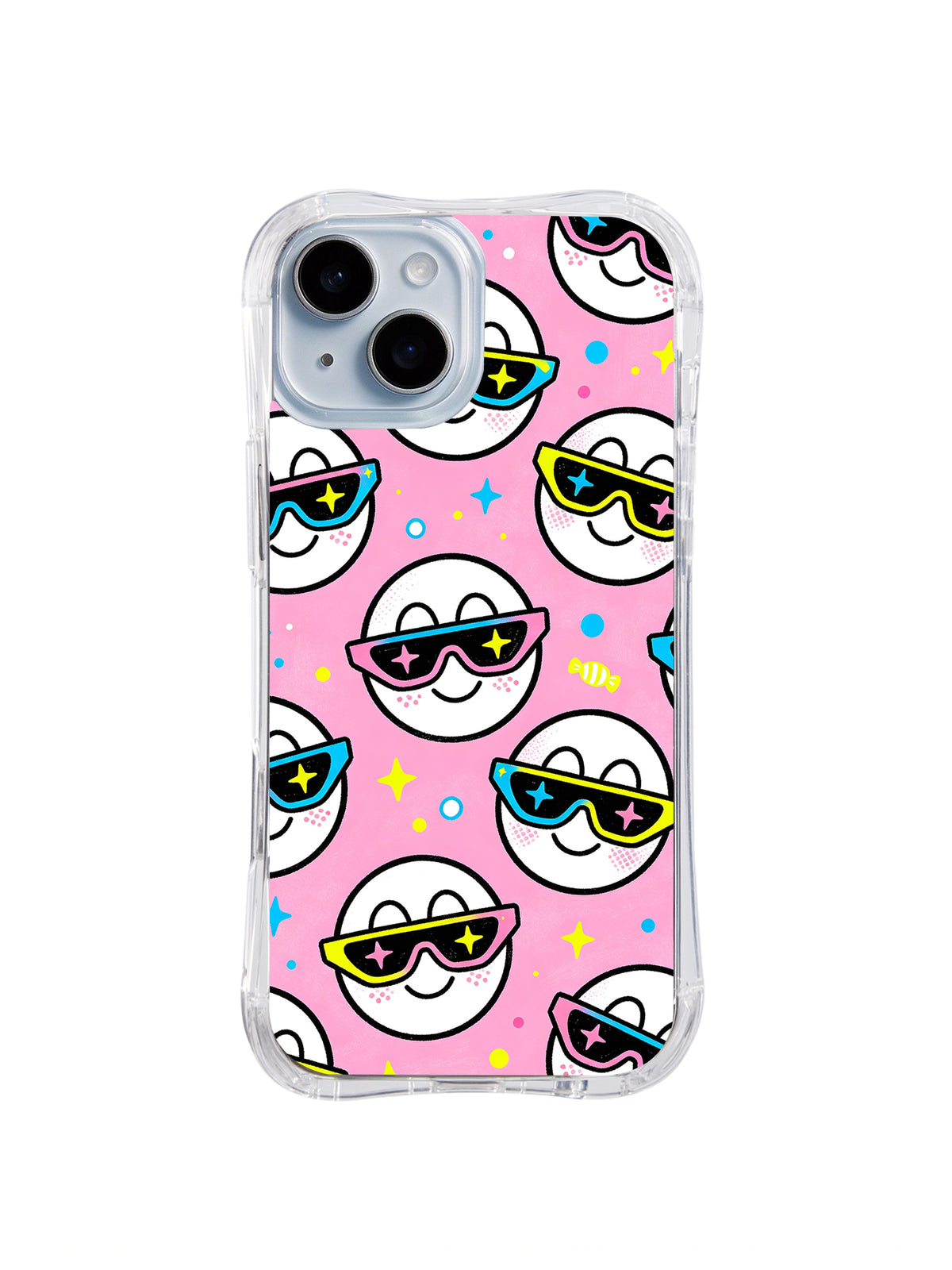 Starry Candy Smiles: White smiling faces in colorful sunglasses repeat on bright pink with small stars and confetti.
