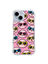 Pink Sunglasses Face Repeat: Pink cartoon faces in black, blue and yellow sunglasses form an orderly repeat.