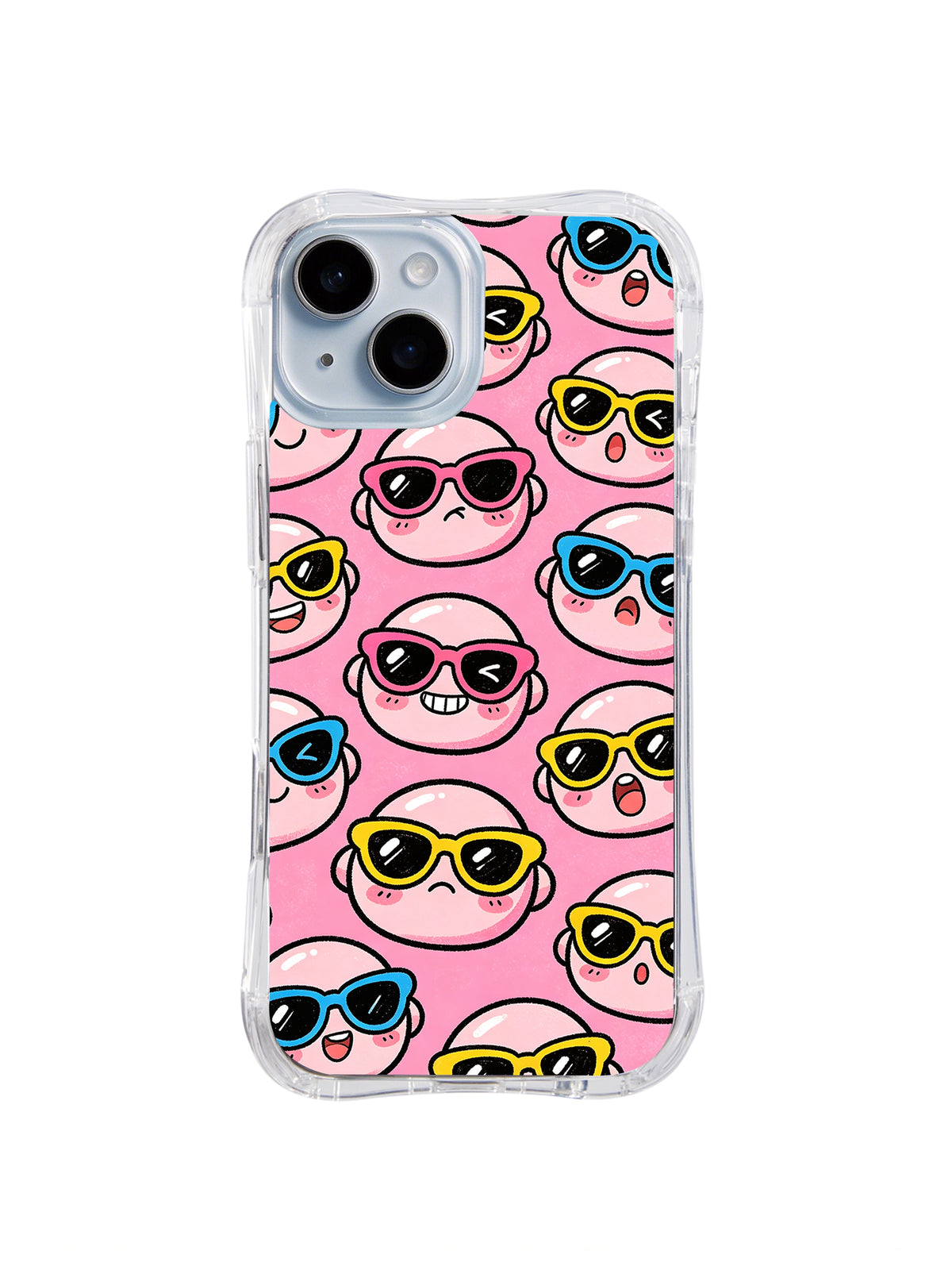 Pink Sunglasses Face Repeat: Pink cartoon faces in black, blue and yellow sunglasses form an orderly repeat.