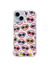 Candy City Face Scatter: Small pink sunglass faces scatter across a pale pink field with colorful stars and dots.