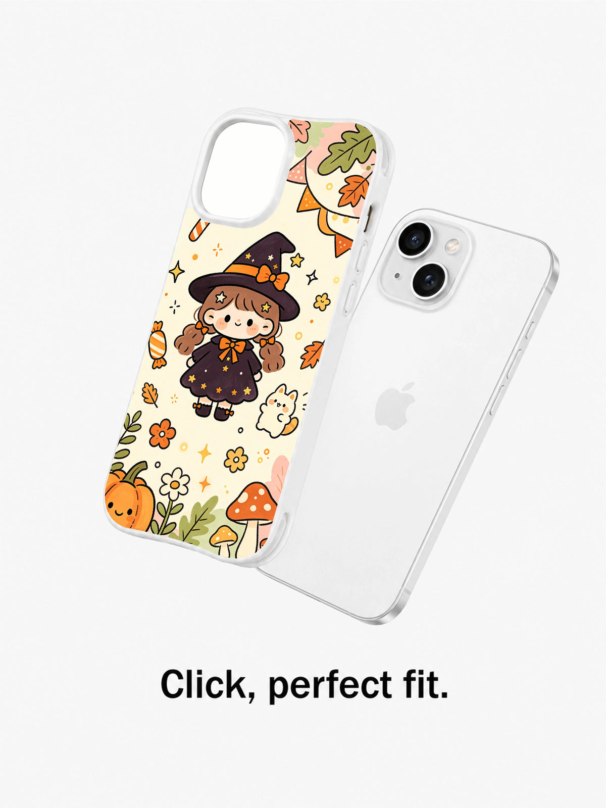 Candy Witch Forest Party iPhone 14 case shown beside the phone for fit