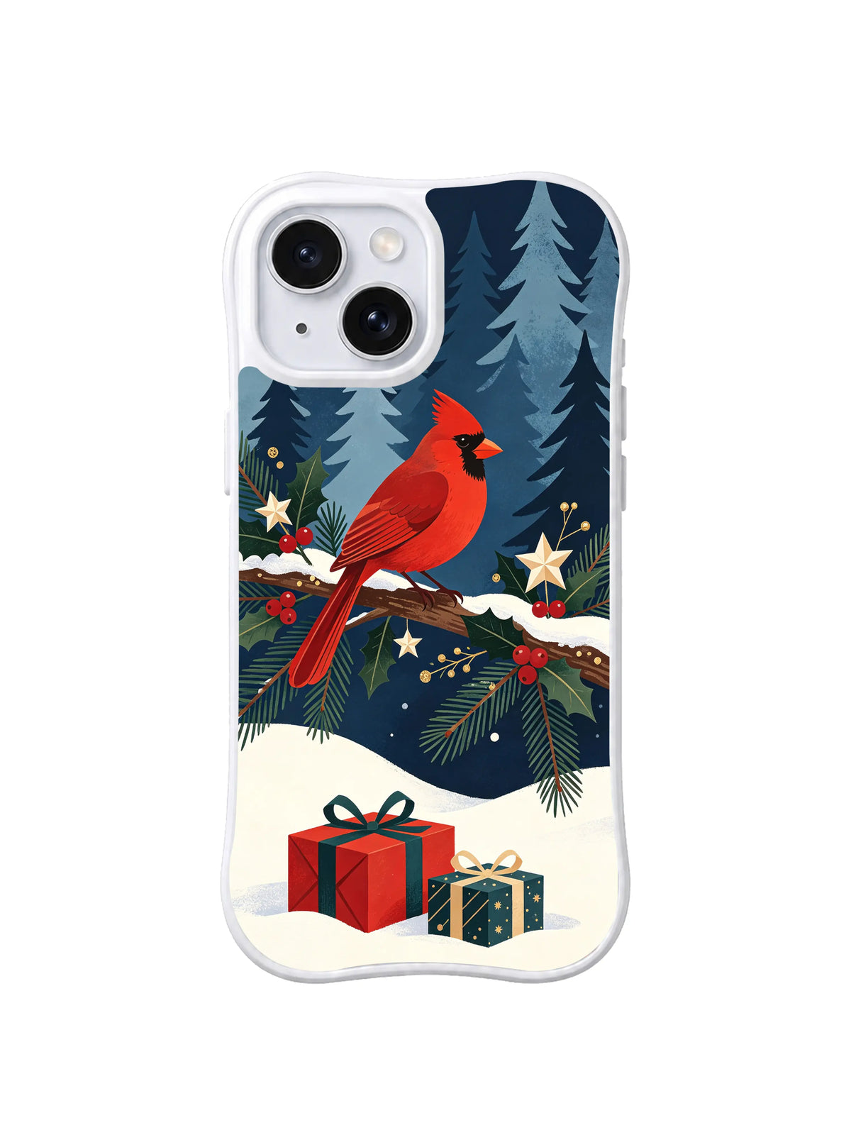 Winter Holly Cardinal garden artwork on an iPhone 14 case