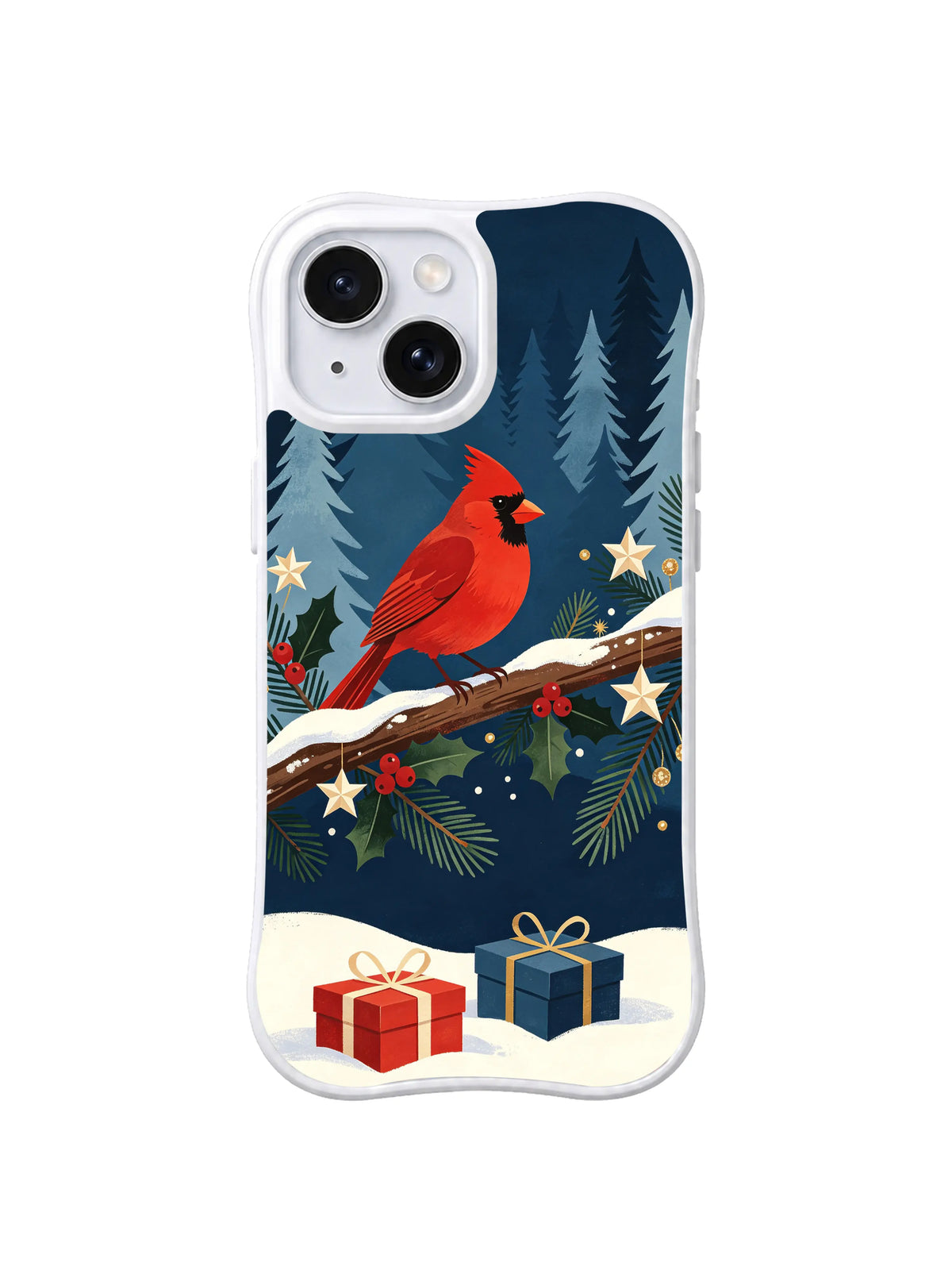 Blue Fir Christmas Cardinal artwork on an iPhone 14 case