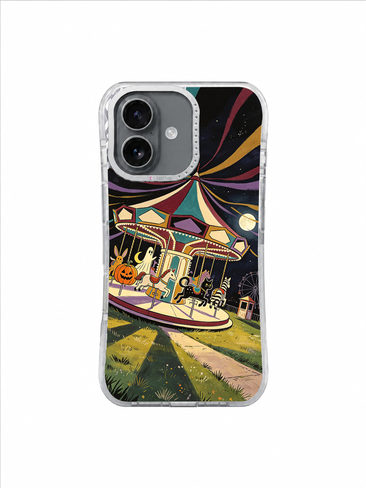 Teal Crimson Carnival Sweep artwork on Carousel After Silence iPhone 17 Case