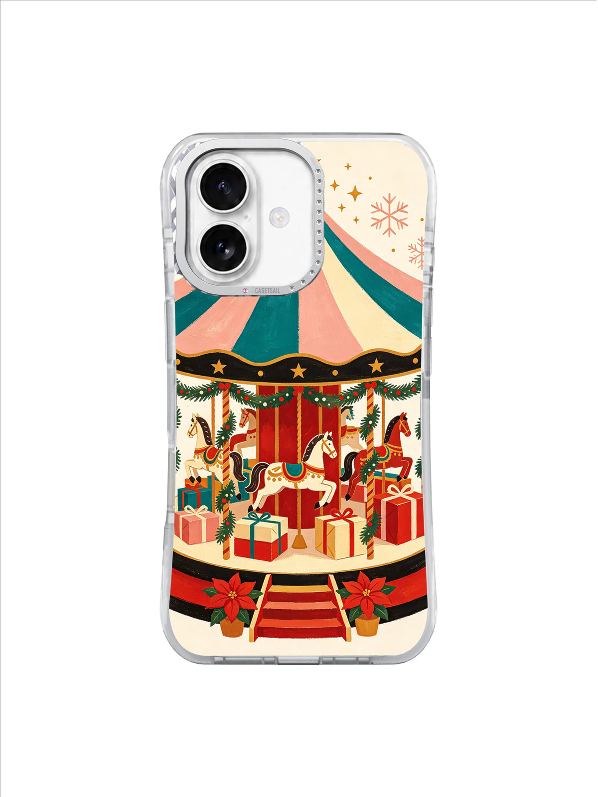 Gift-stacked Christmas merry-go-round with red steps and poinsettias on an iPhone 17 case