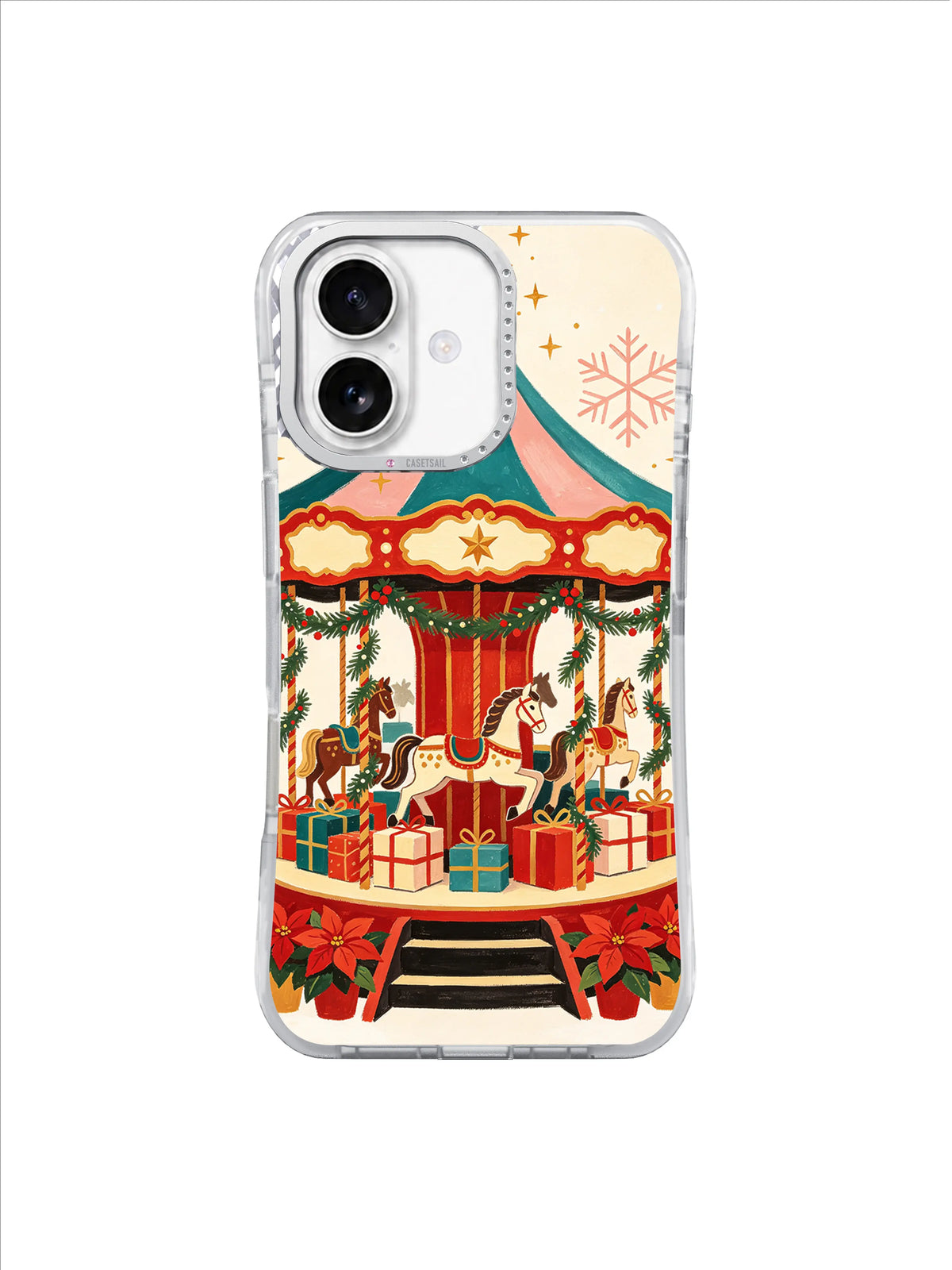 Golden star carousel pavilion with horses, garlands, and presents on an iPhone 17 case