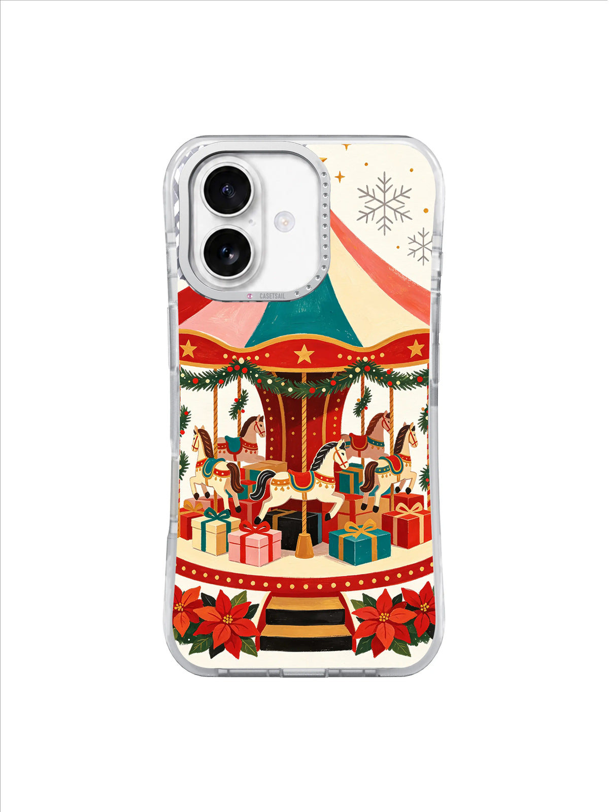 Christmas carousel with poinsettias, gifts, and snowflakes on an iPhone 17 case