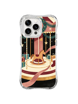 Wooden horse iPhone 15 Pro case with burgundy canopy, pine garlands and circular stage