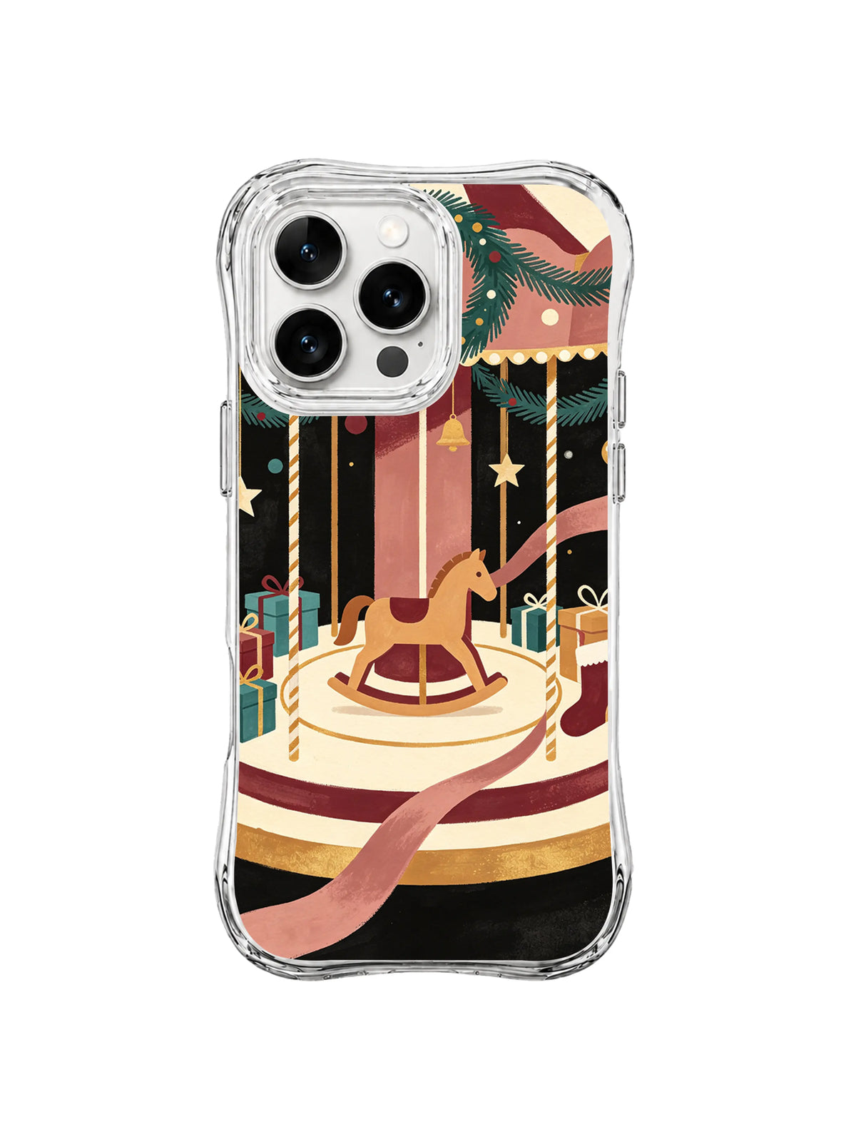 Wooden horse iPhone 15 Pro case with burgundy canopy, pine garlands and circular stage