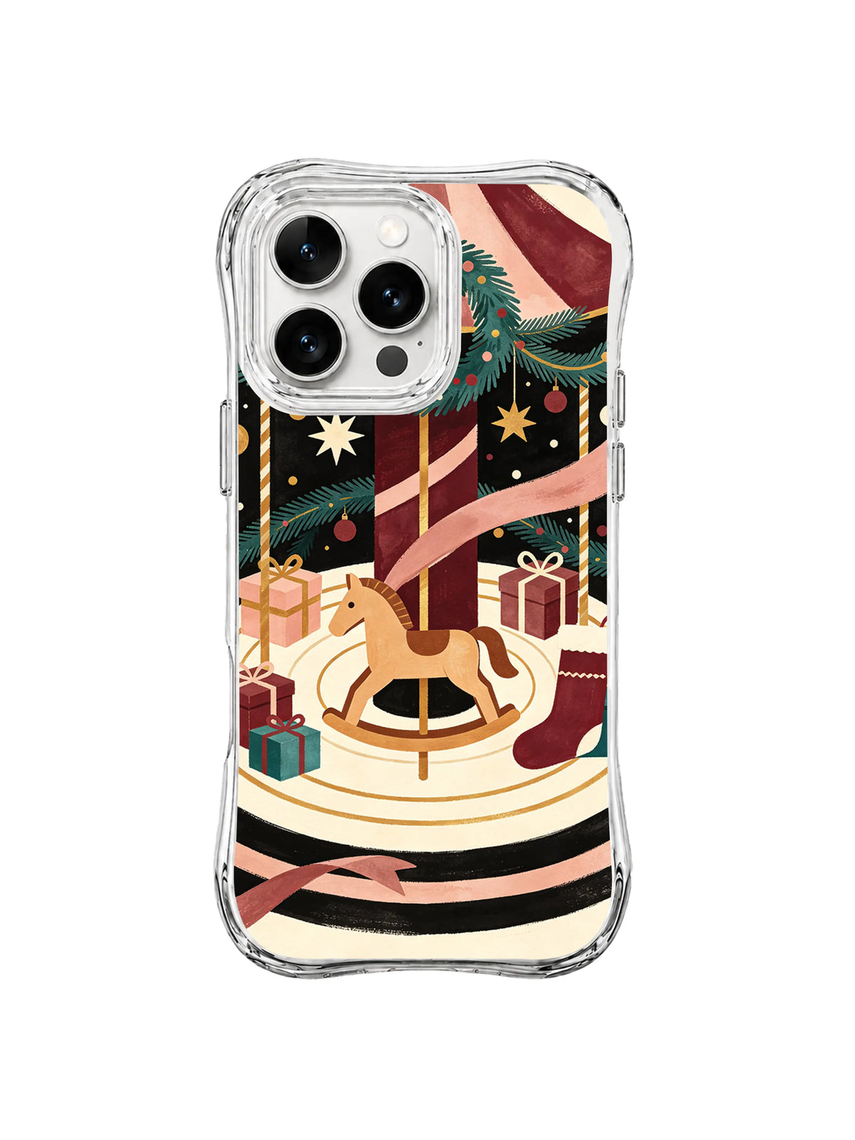 Winter wishes iPhone 15 Pro case with carousel horse, diagonal rose ribbon and gifts