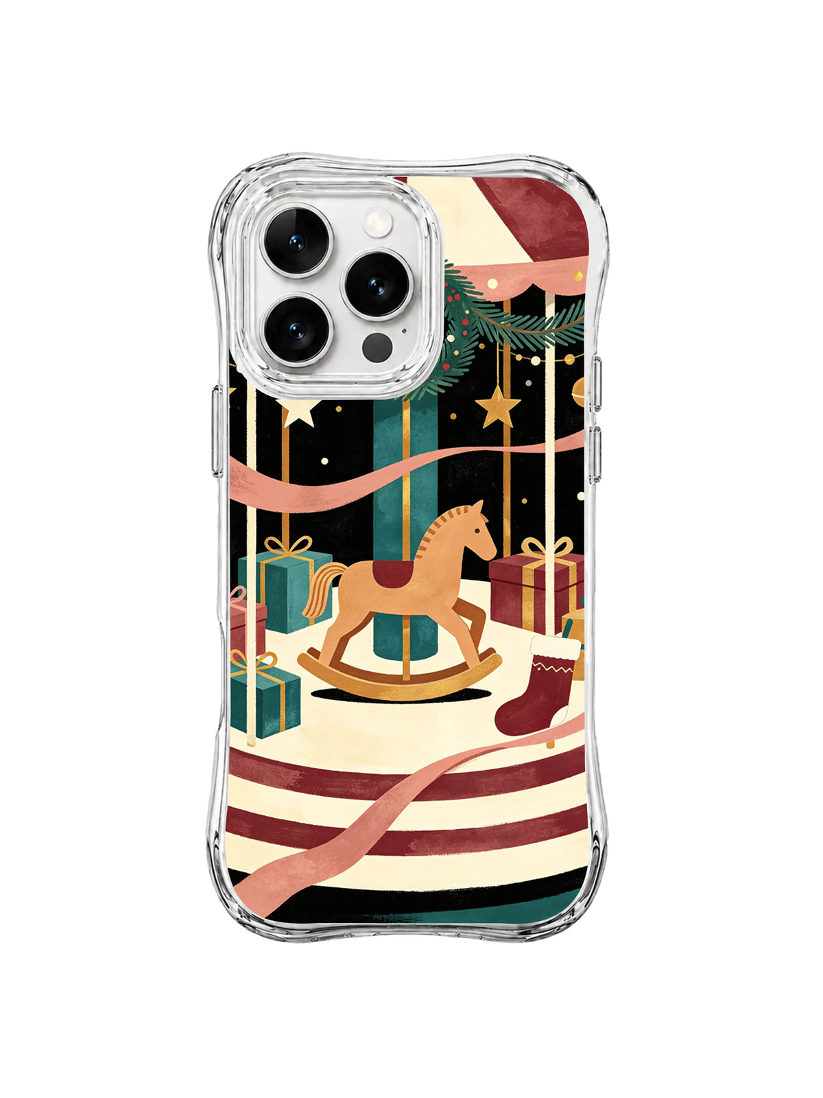 Carousel horse iPhone 15 Pro case with dusty-rose rings, gifts and hanging stars