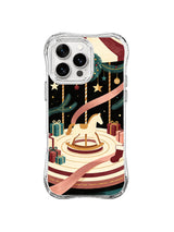Coquette iPhone 15 Pro case with wooden carousel horse, pink scarf and cream platform
