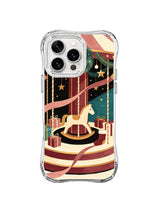 Christmas carousel iPhone 15 Pro case with teal canopy, wrapped gifts and star ornaments