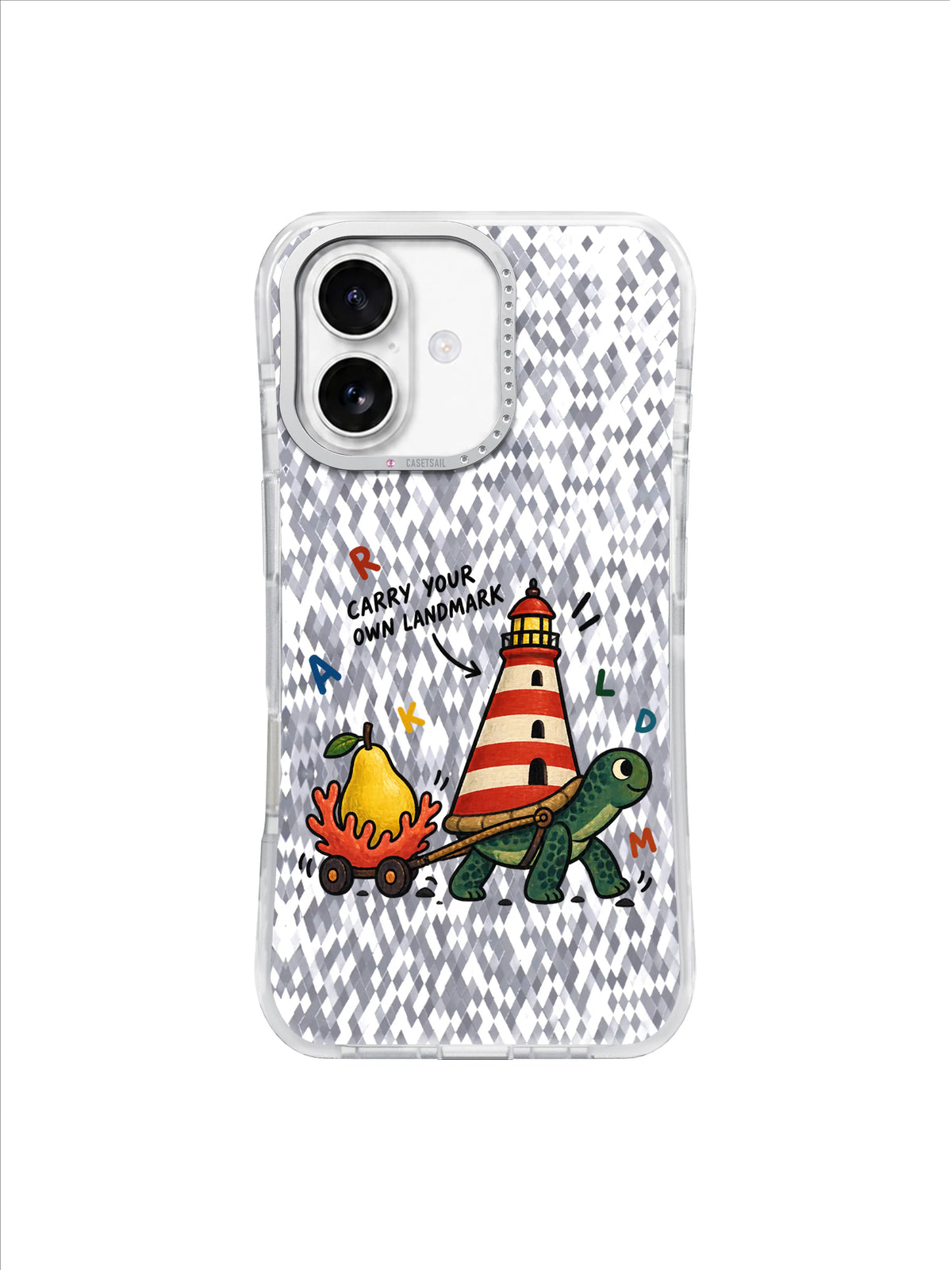 Carry Your Own Landmark turtle pulling coral wagon with yellow pear artwork on transparent iPhone 16 case