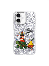 Carry Your Own Landmark traveling lighthouse turtle artwork on transparent iPhone 16 case