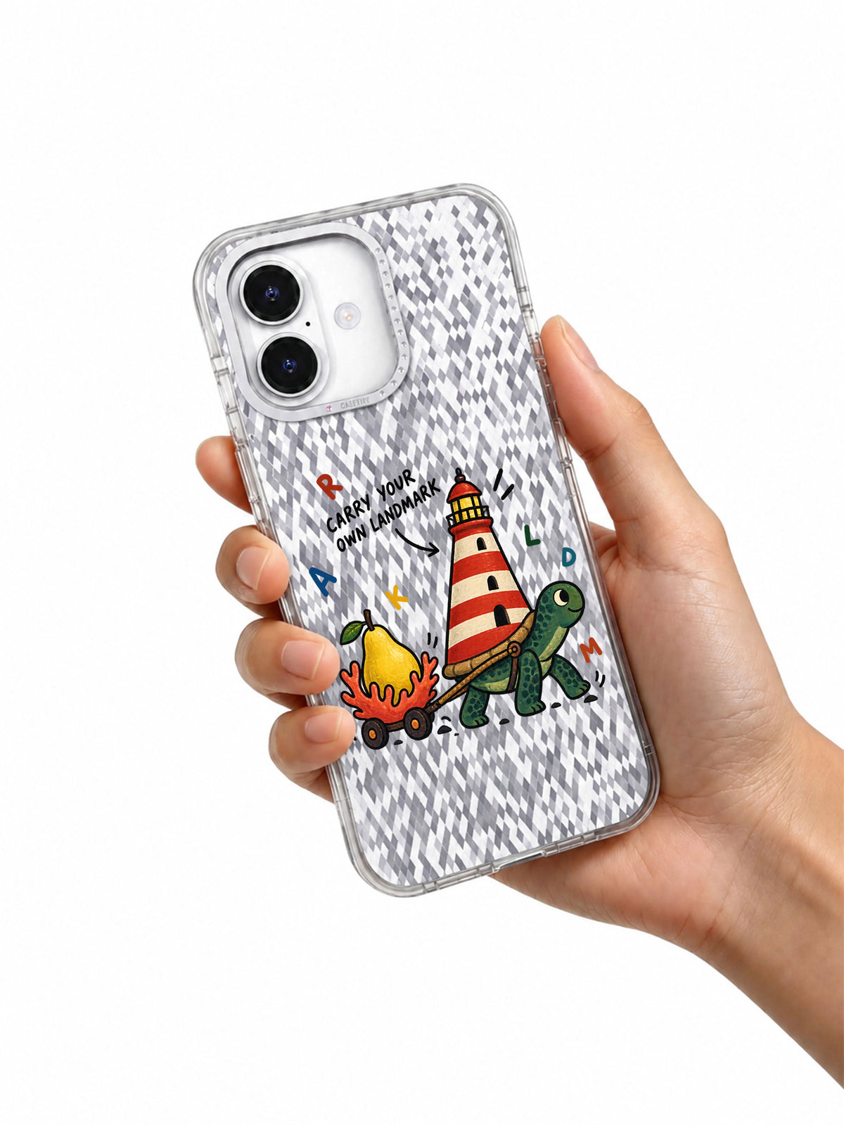 Carry Your Own Landmark iPhone 16 case in hand