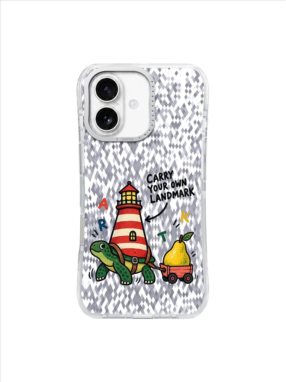 Carry Your Own Landmark lighthouse turtle artwork on transparent iPhone 16 case