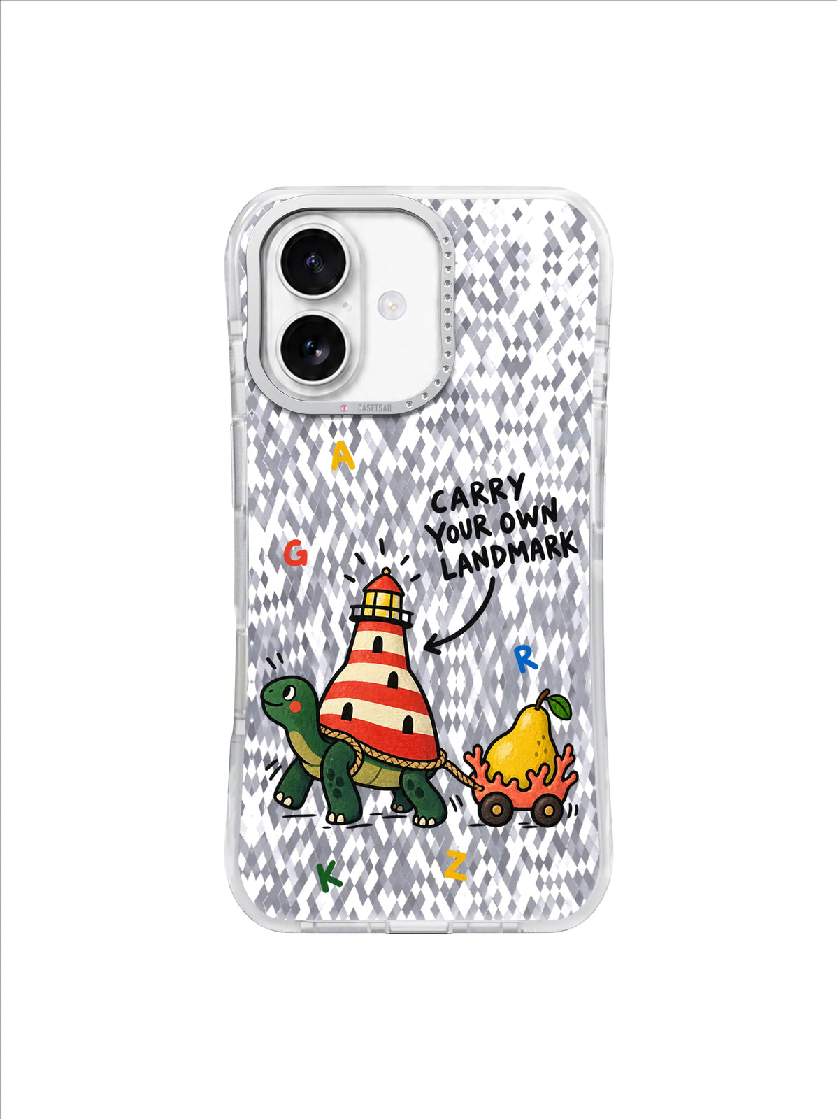 Carry Your Own Landmark portable lighthouse turtle artwork on transparent iPhone 16 case