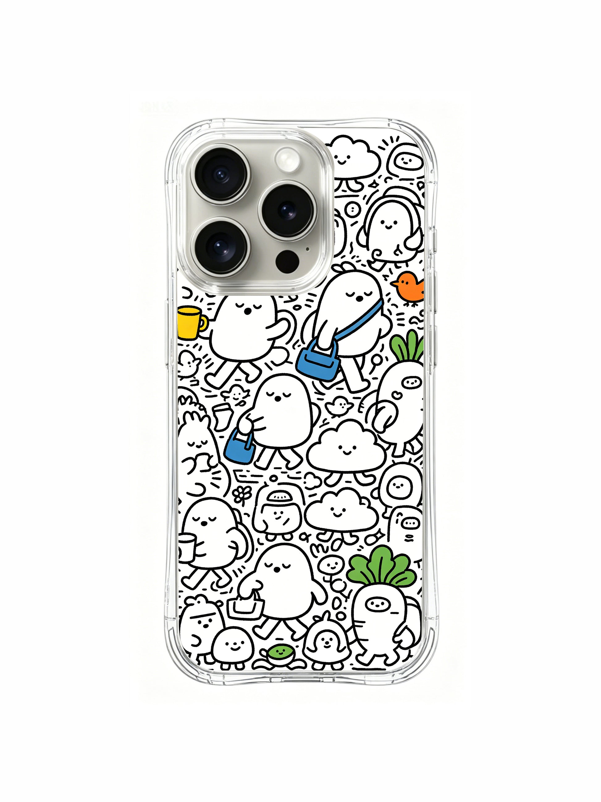 Cartoon blob monster city morning crowd design iPhone 15 pro Case, customizable art phone casing available at PhoneCasing US, fashionable daily wear phone cover.