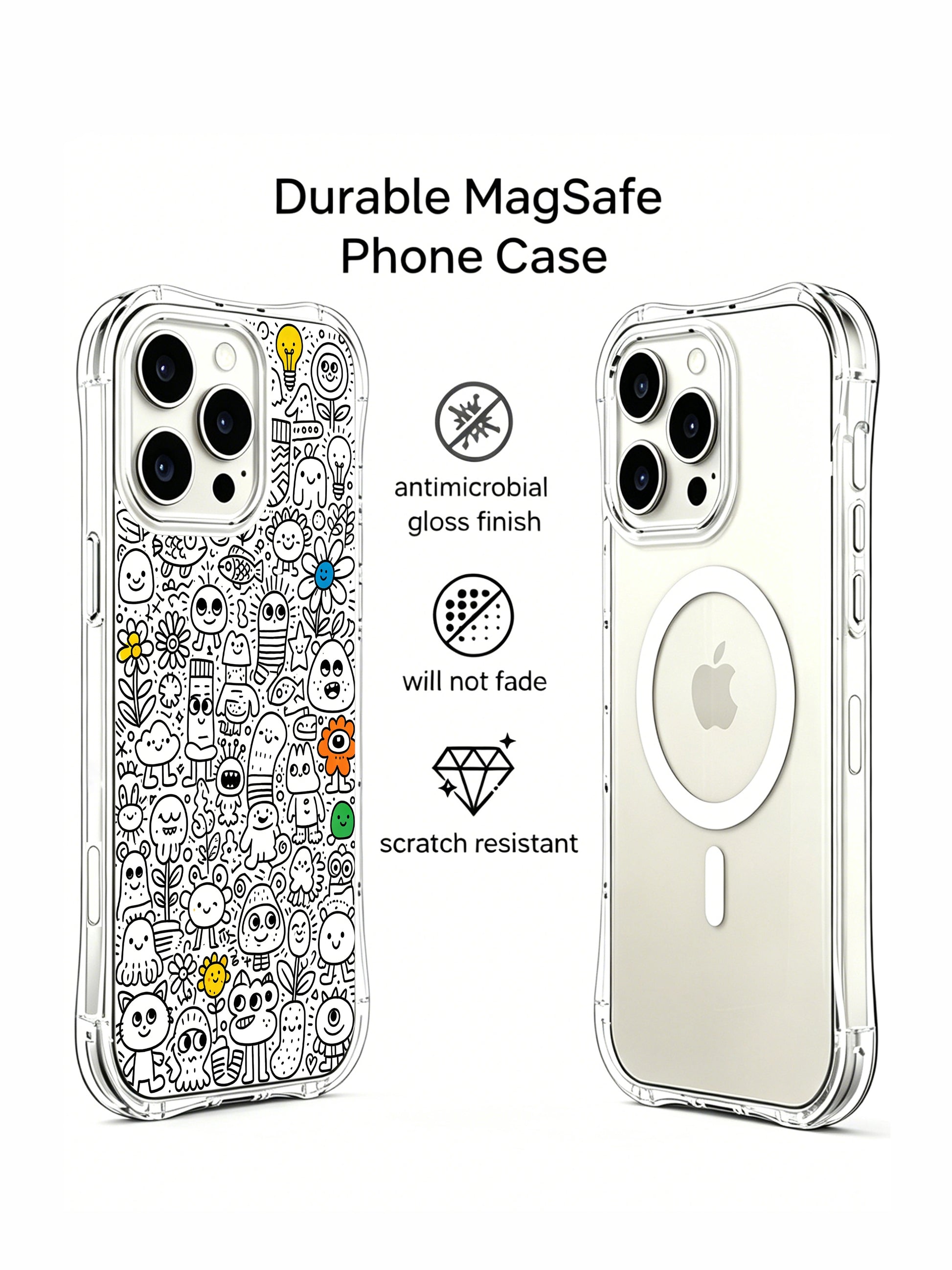 Cartoon fish and floral monster doodle print iPhone 16 pro Case, exclusive original artwork phone casing from PhoneCasing, collectible art phone cover customized for American female customers.