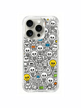 Cartoon tech-creature bulb cluster artwork on an iPhone 15 Pro case