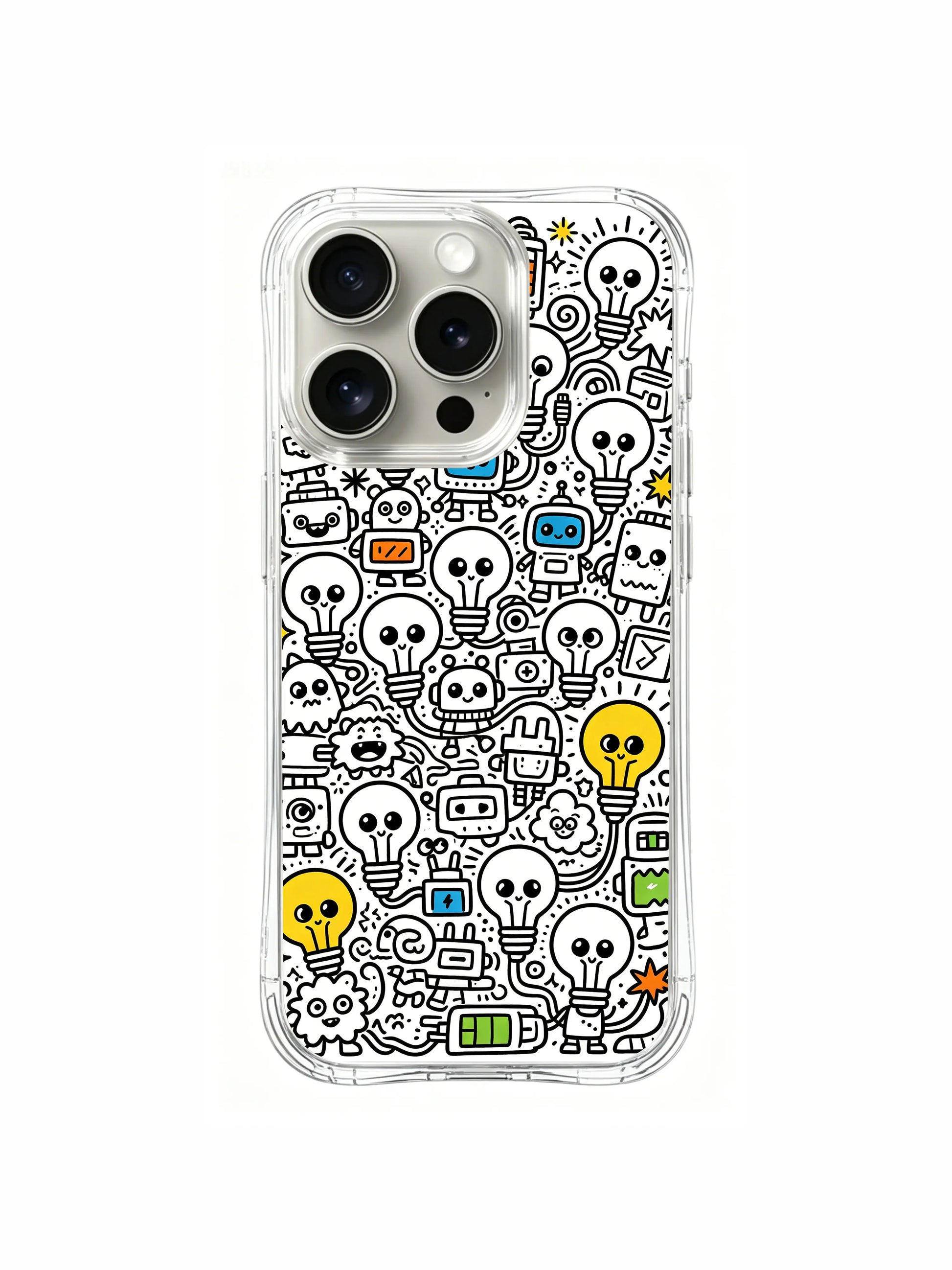 Whimsical cartoon tech creature bulb cluster print iPhone 15 pro Case, fully customizable art phone casing available via PhoneCasing US, trendy street-style daily phone cover.