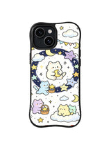 Moon Basket Cat Constellation: Pastel cats sit among stars, clouds, moons and a tiny basket.