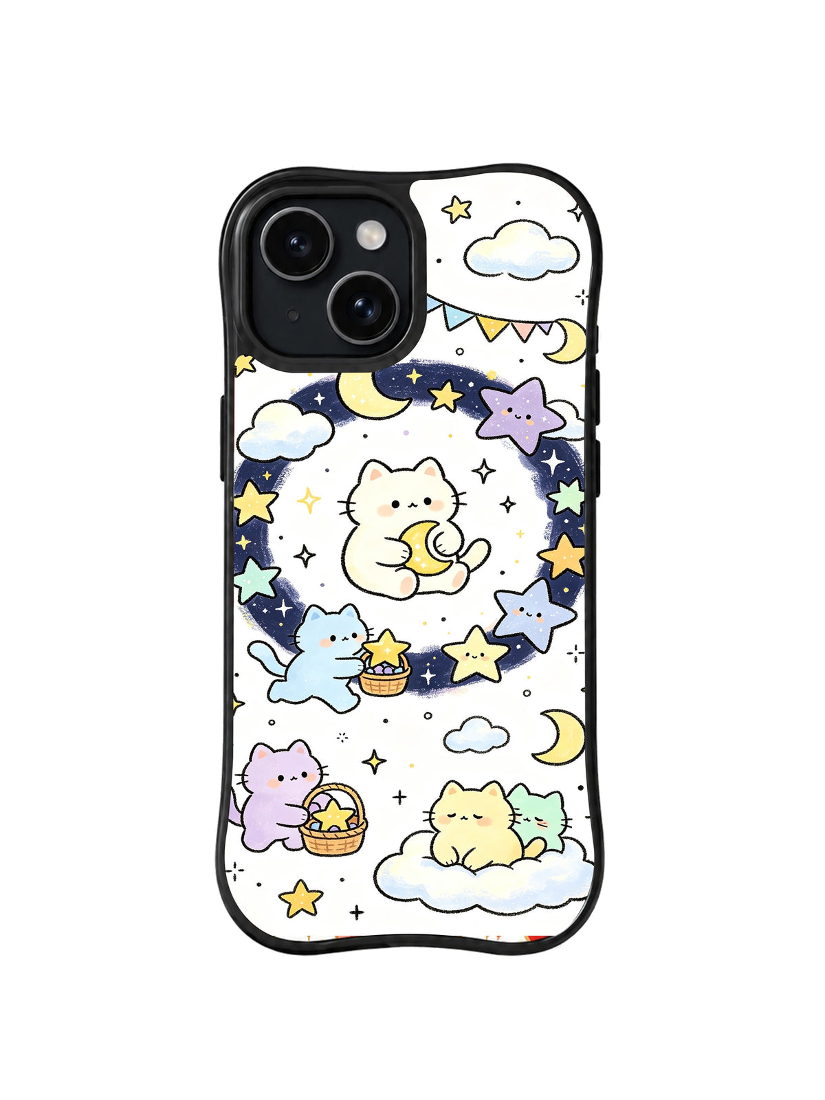 Moon Basket Cat Constellation: Pastel cats sit among stars, clouds, moons and a tiny basket.