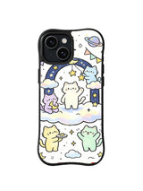 Star Arch Cat Party: Colorful cats gather beneath a star arch with clouds and a planet.