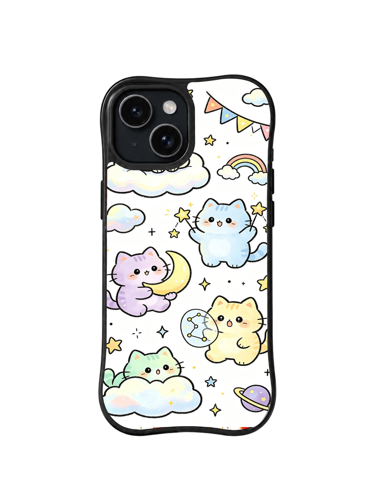 Cloud Moon Cat Parade: Pastel cats float among clouds, crescent moons, stars and rainbows.