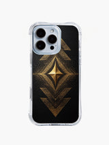 PhoneCasing iPhone 14 Pro Max Case showcasing celestial arrow pattern in gold, clear protective case with bohemian tribal art style.
