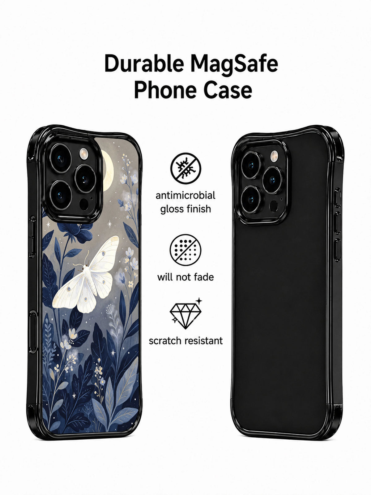 Indigo floral celestial moth phone case detail