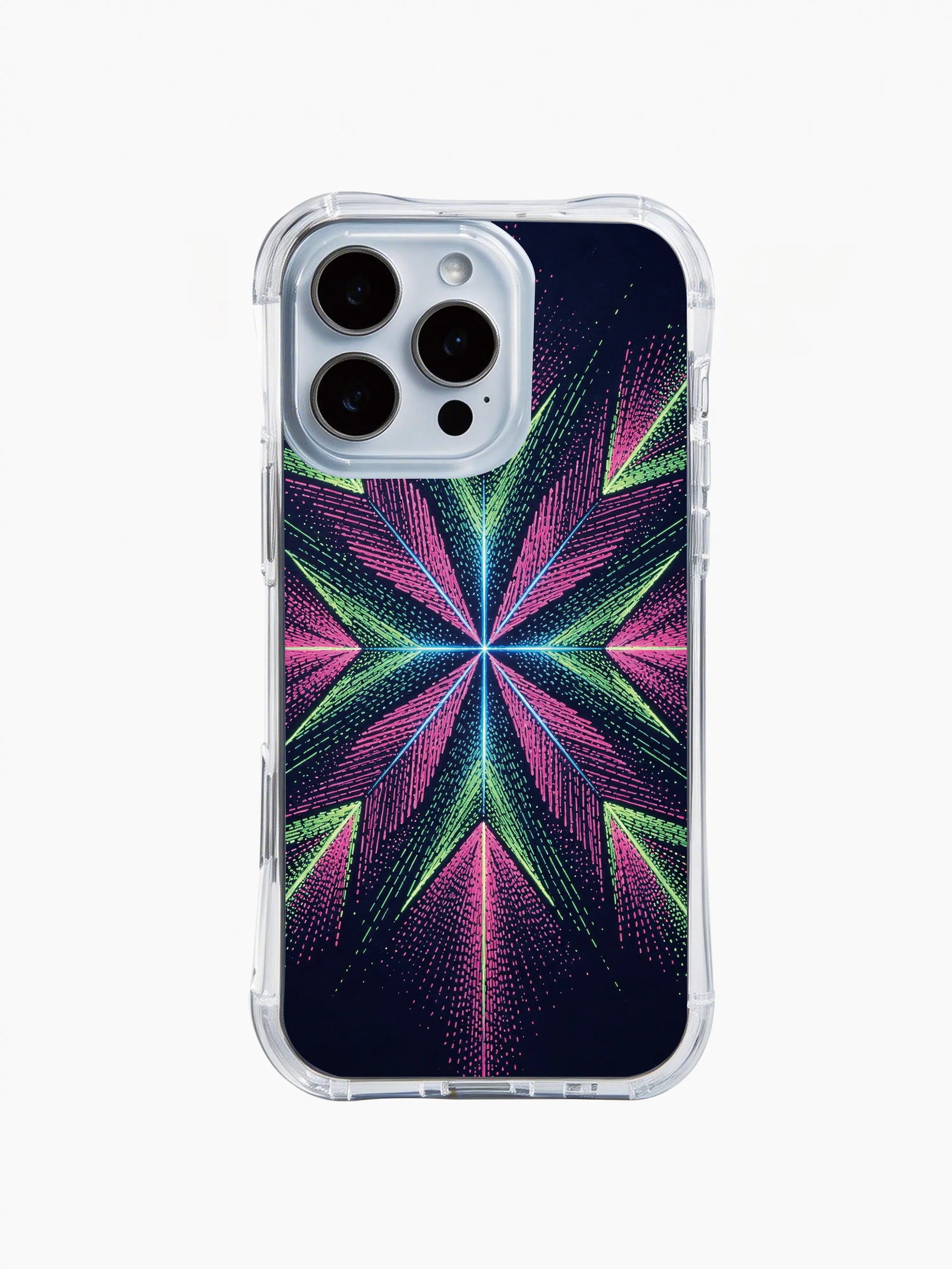 PhoneCasing iPhone 14 Pro Max Case showcasing a celestial neon arrow design, clear protective case with bohemian tribal star art style.