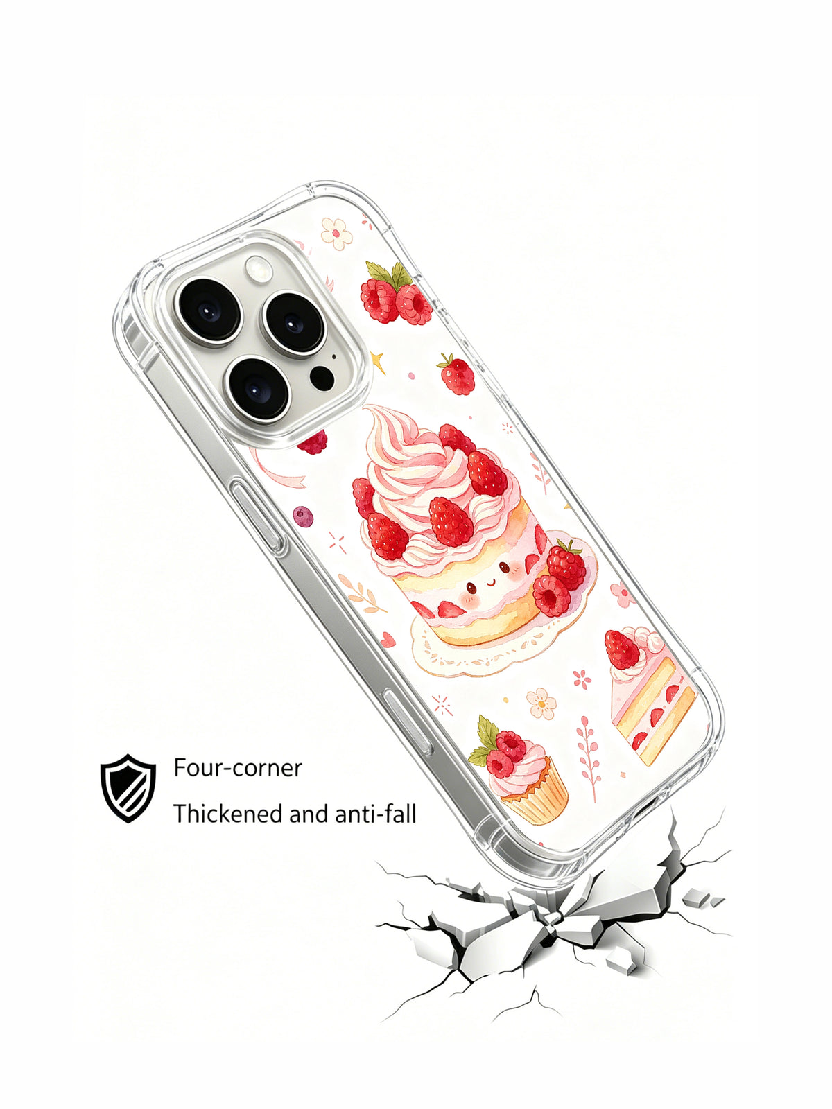Raspberry Cream Birthday Dream: Angled illustrated case above a drawn cracked surface.