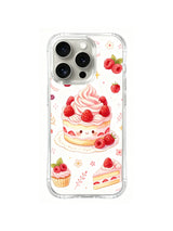 Raspberry Cream Birthday Dream / Smiling Raspberry Cake: A smiling round cake with a tall pink cream swirl and red raspberries, with small desserts below.