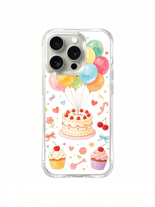 Sweet Birthday Candy Land: A round cherry cake beneath a bunch of pastel balloons, with cupcakes and candy details below.
