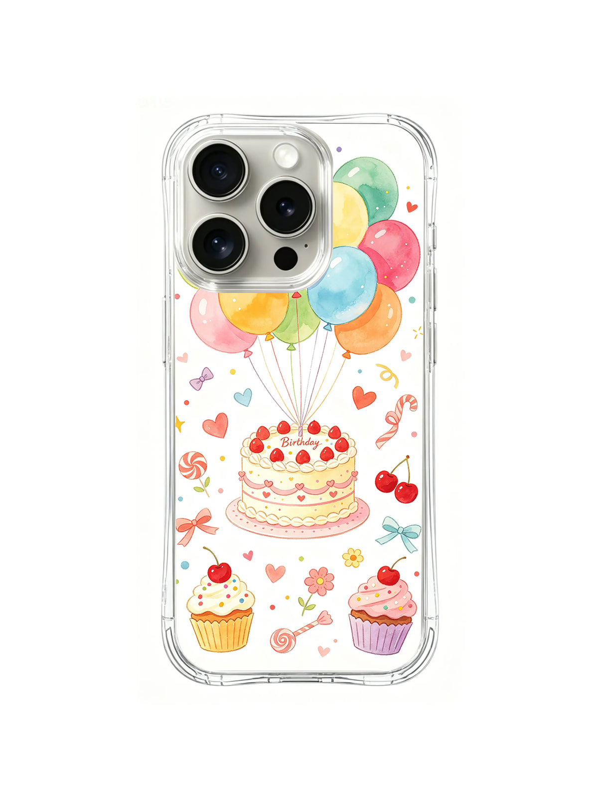 Sweet Birthday Candy Land / Balloon Cake Celebration: Pastel balon demetinin altında yuvarlak kirazlı pasta; altta cupcake ve şeker ayrıntıları.