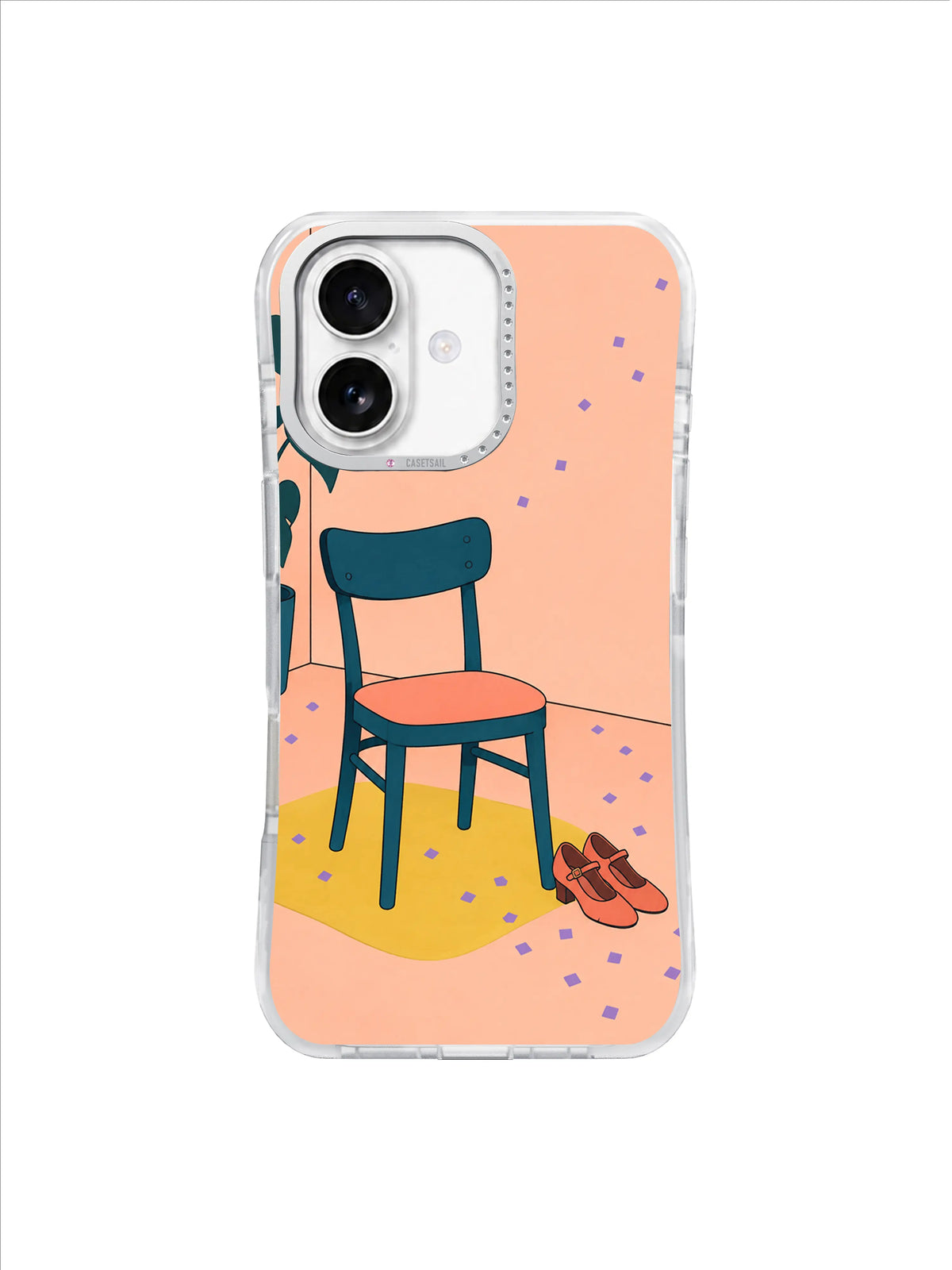 Teal chair guarding coral shoes after a dance on a quiet peach floor