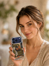 Lifestyle view of a person holding The Chair That Purred transparent iPhone 17 Pro case