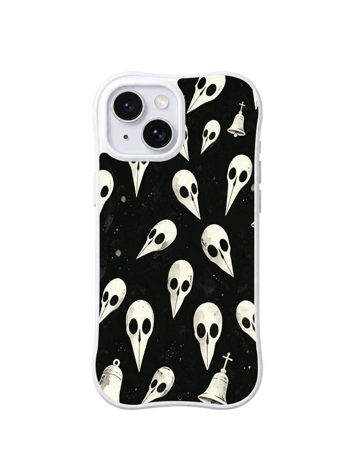 Chapel Bell Specters black and white spirit artwork on iPhone 15 Plus case