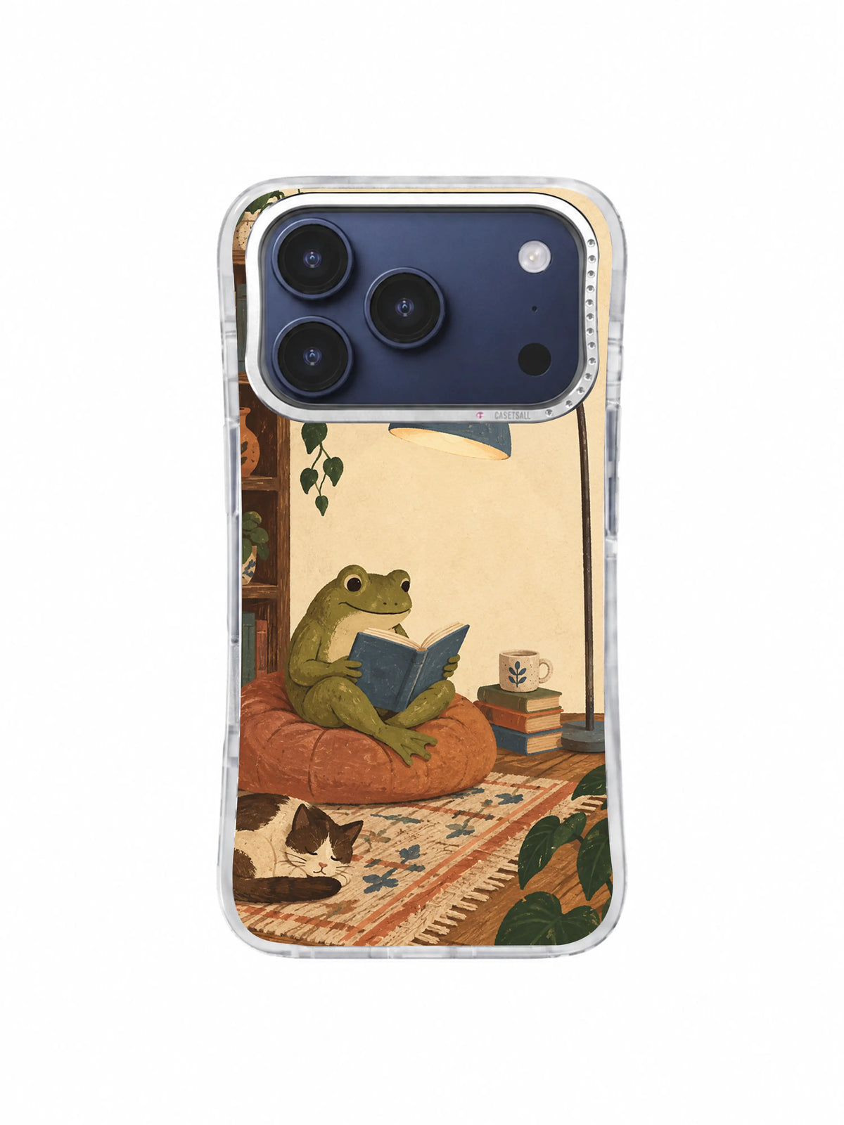 Green frog holding a blue book under a lamp phone case