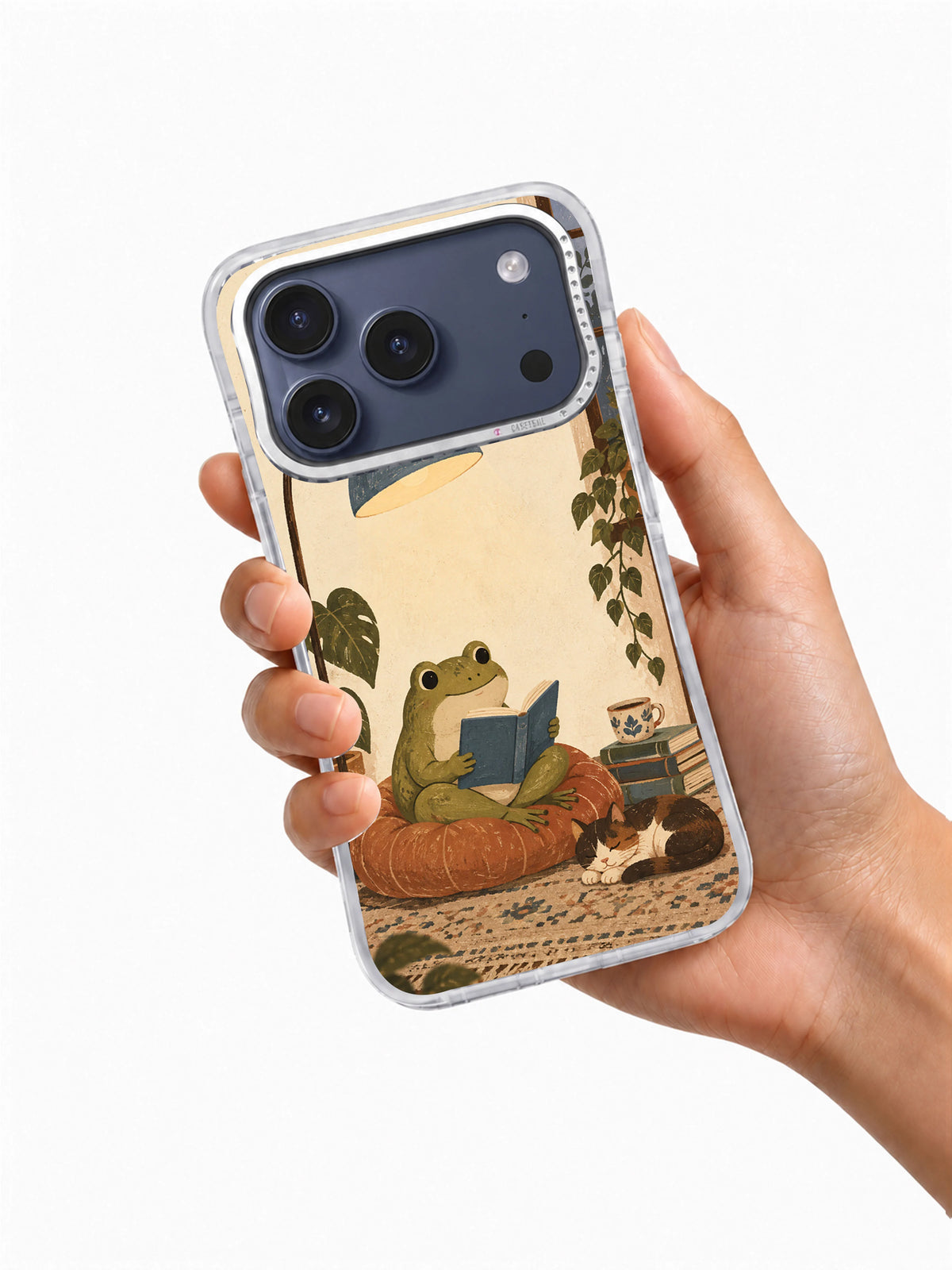 Chapter by the Floor Lamp clear iPhone 17 Pro Case in hand