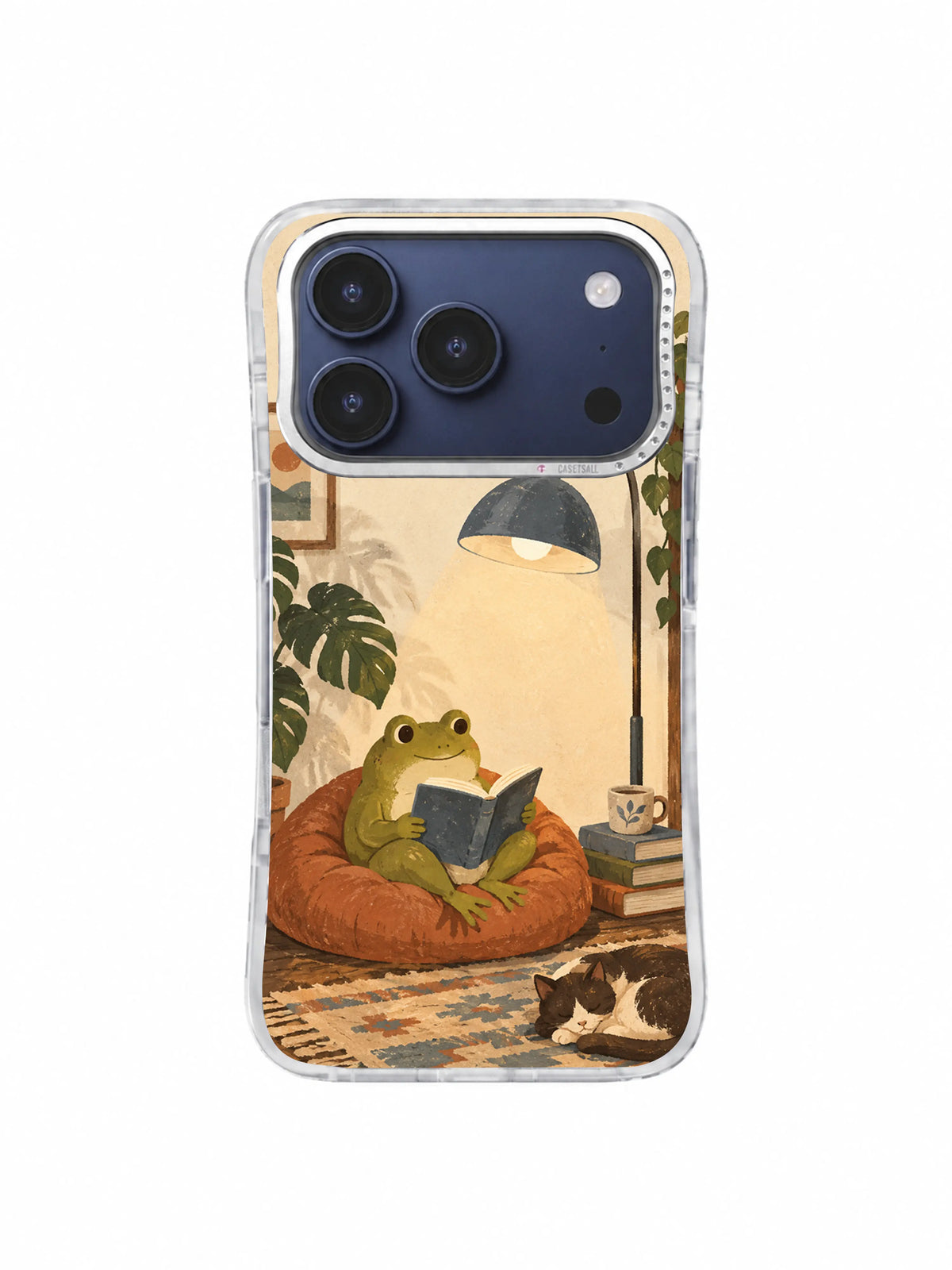 Quiet frog reading beside a rainy window phone case art