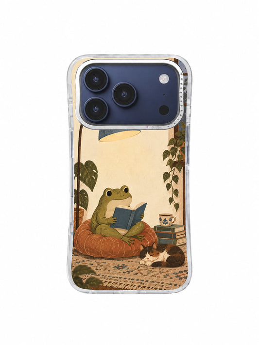 Chapter by the Floor Lamp reading frog iPhone 17 Pro Case artwork