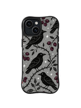 Charcoal Raven Star Field: Large ravens alternate with sparse berries, branches and bright stars.