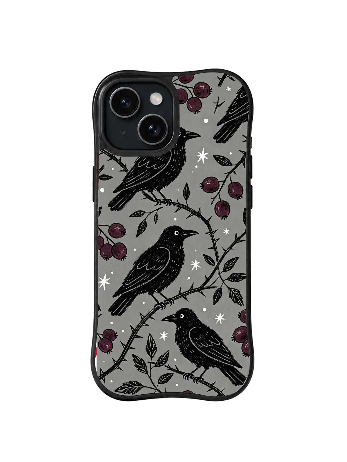 Charcoal Raven Star Field: Large ravens alternate with sparse berries, branches and bright stars.