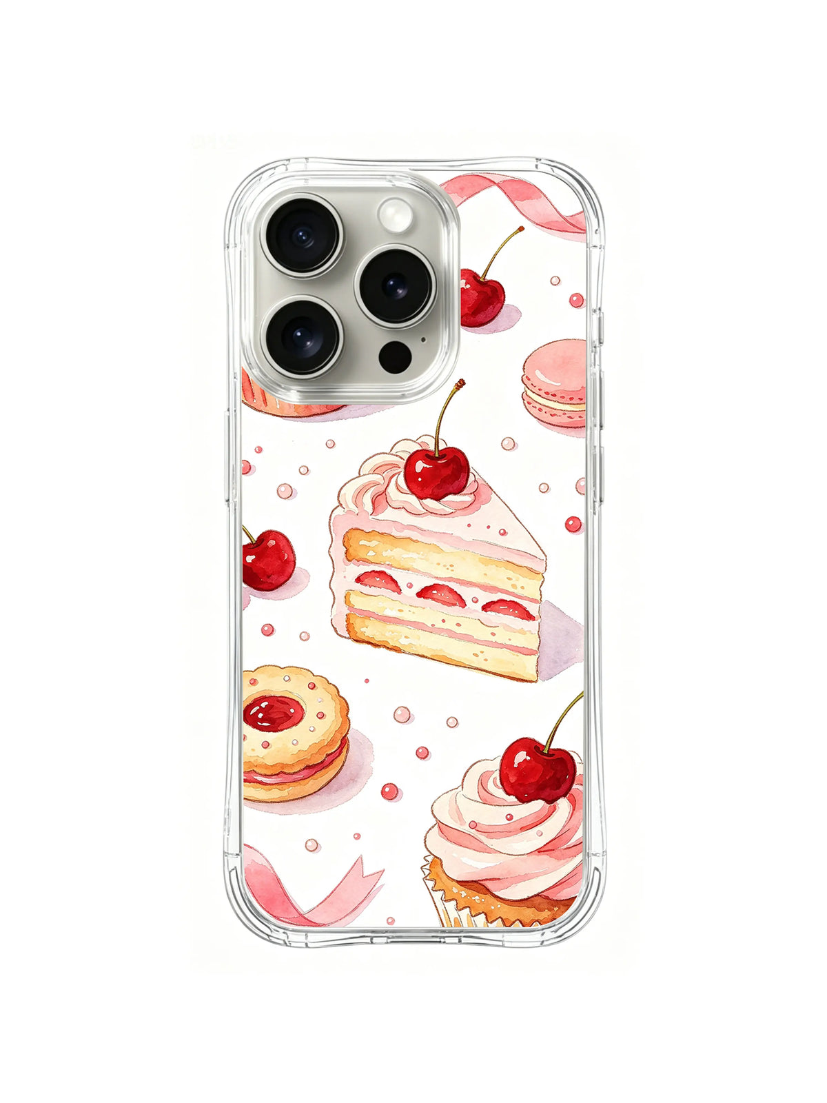Cherry Birthday Garden / Cherry Slice Celebration: A large cherry-topped cake slice with a frosted cupcake, small pastries and pink ribbon curls.
