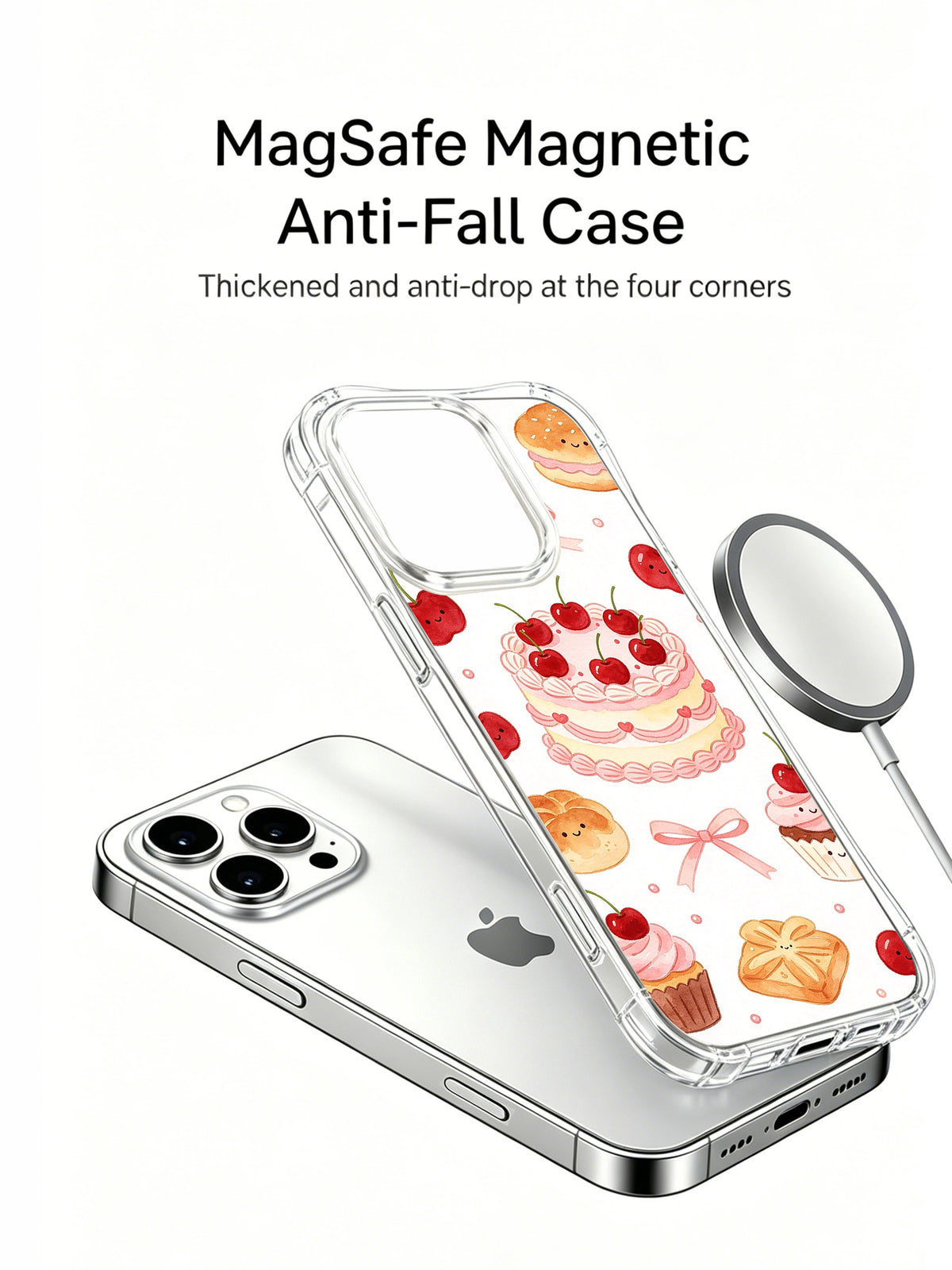 Cherry Birthday Garden: Phone, separate illustrated case and round accessory arranged together.