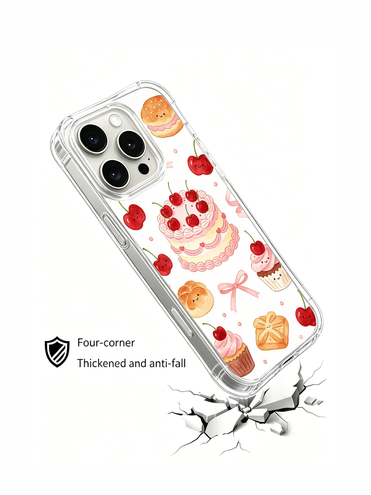 Cherry Birthday Garden: Angled illustrated case above a drawn cracked surface.